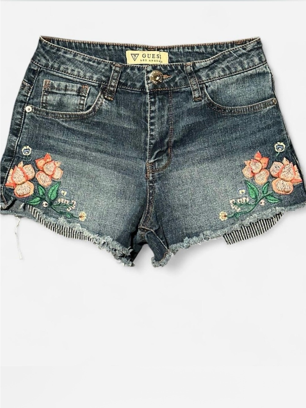 GUESS Embroidered Floral Denim Shorts - Faded Blue with Peach Flowers